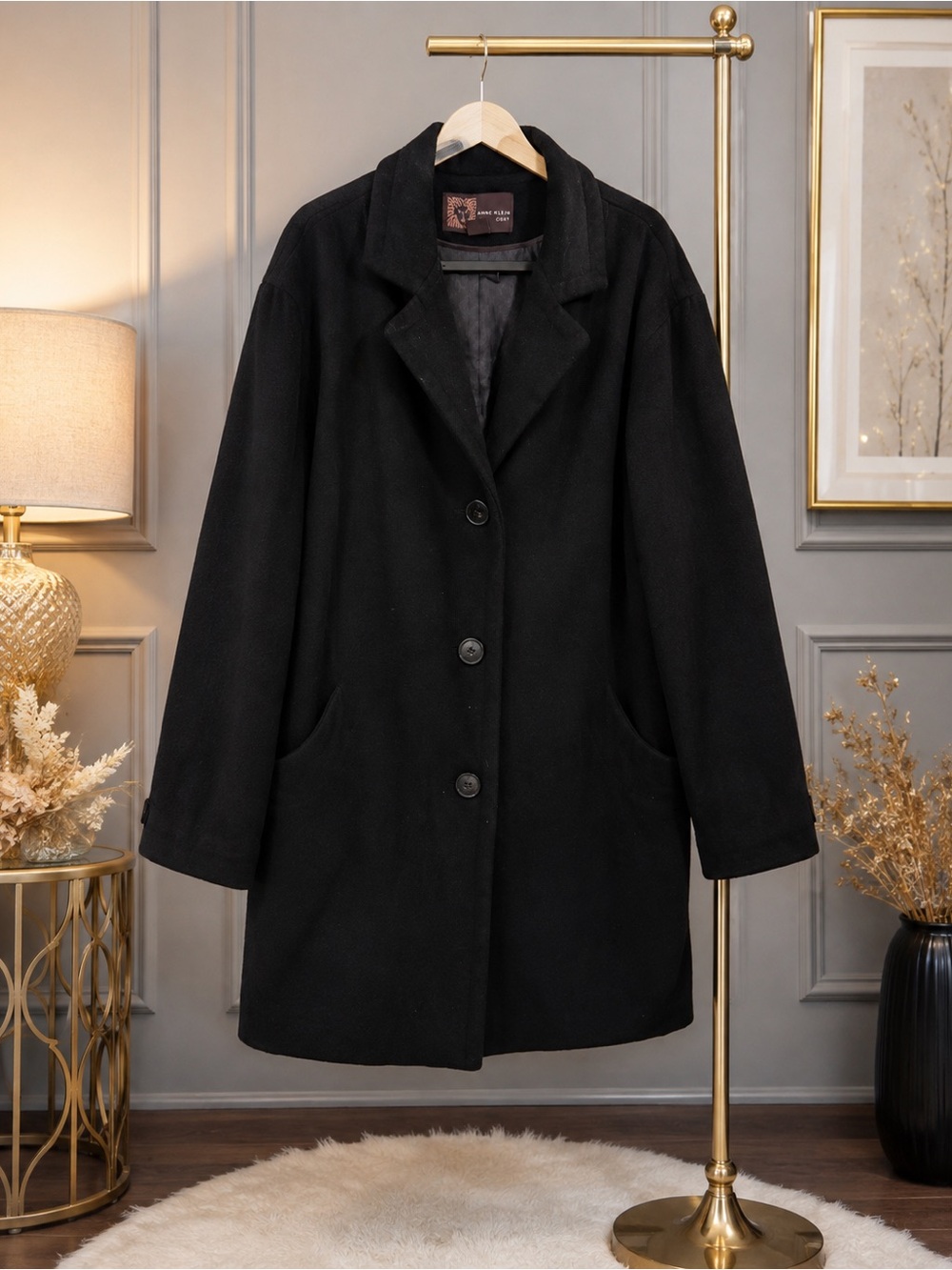 Anne Klein Classic Black Wool & Cashmere Coat – Size Medium